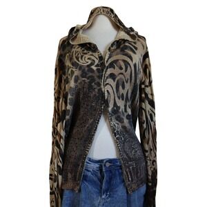 Dolce Cabo Sweater Full Zip Leopard Animal Print Rhinestone Hooded Y2K Grunge